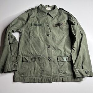 Vintage US Army OG-107 Utility Jacket Shirt Green Cotton Sateen Patch Size 10